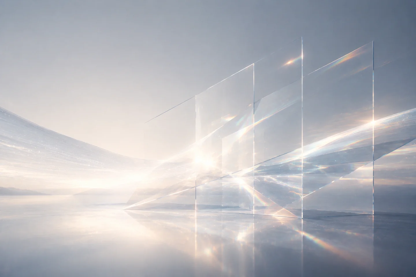 Transparent glass planes refracting soft light.
